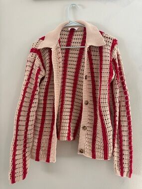Callahan Beige and Red Striped Open-Knit Cardigan